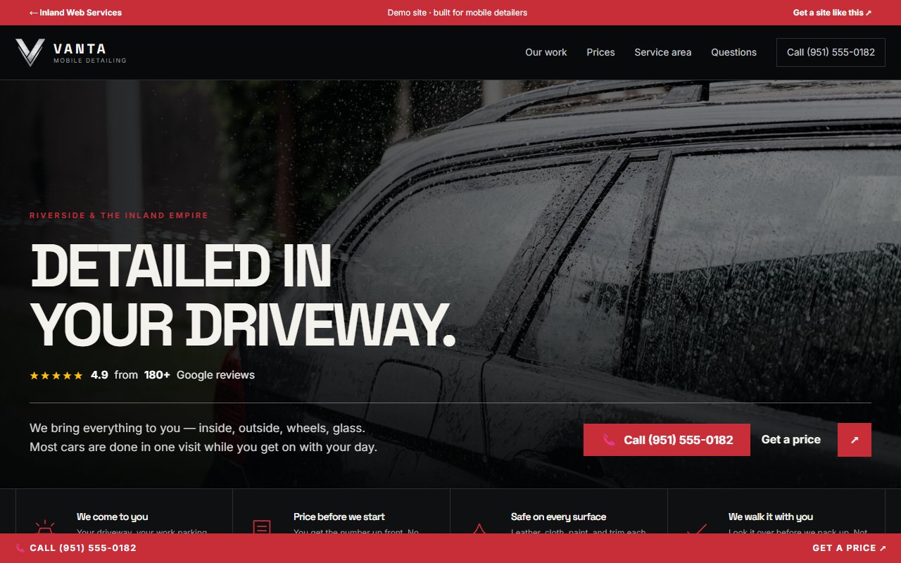 Vanta Mobile Detailing automotive concept website homepage